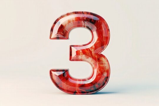 An artistic depiction of the number 3, rendered in a translucent, gem-like material against a minimalist backdrop.