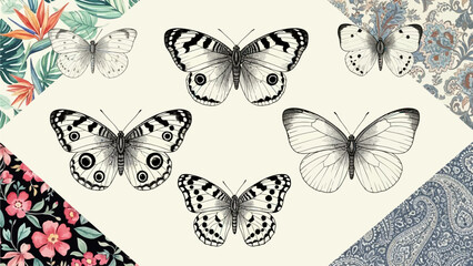 A collection of butterflies in various illustrations on a textured background
