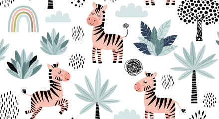 Naklejka premium Illustration of zebras surrounded by plants and abstract shapes from a top-down viewpoint in a whimsical environment