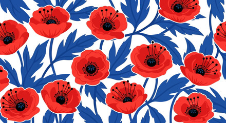 Vibrant red poppy flowers with blue leaves in full bloom, illustration from a close-up view