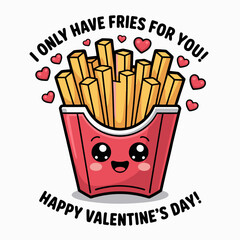 A cartoon packet of smiling French fries appears with large, adorable eyes. Surrounding the fries are several small, pink hearts.