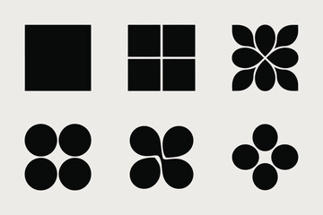 Abstract geometric patterns composed of simple and complex black shapes on white backgrounds isolated on white background, Vector, illustration