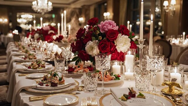 Elegant long banquet table set for a formal dinner party with floral centerpieces and candles