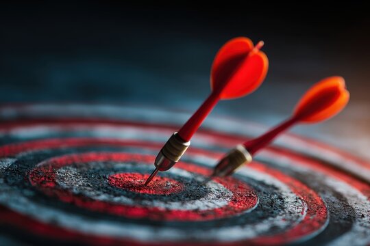 Dartboard Aim Precision Red Dart Hitting Target Center Accurate Throw Game Strategic Practice Close-up Solution Strategy Winning Skill Focus Competition