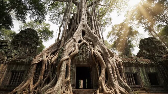 Enormous tree roots engulf ancient stone temple structures