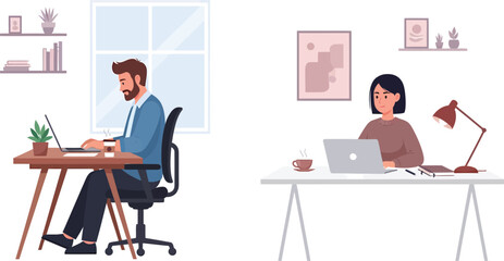 Two people working at desks in a modern office environment