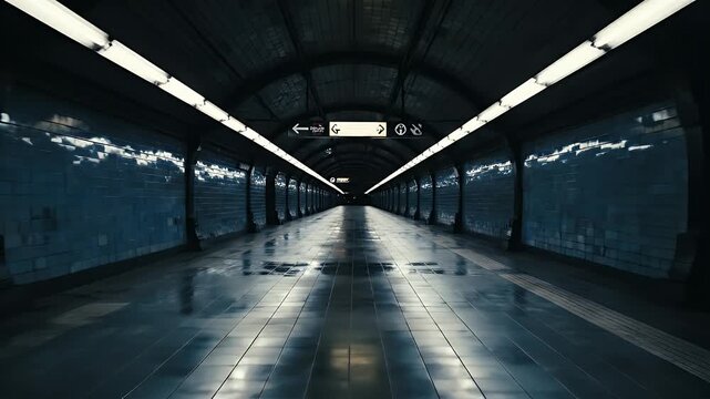 Dark, empty subway station with tiled walls and reflective floor