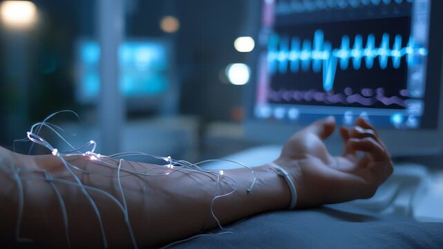 A person's arm with electromyography sensors attached, displaying muscle activity on a monitor in a medical setting. Perfect for medical presentations, health education, and research