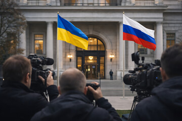 Diplomatic Summit Scene With Ukraine and Russia Flags Outside Government Building Editorial