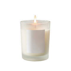A white candle with a flame in a glass holder isolated on transparent background