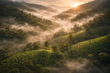 Aerial View of Terraced Tea Plantations in Sri Lanka Covered in Morning Fog