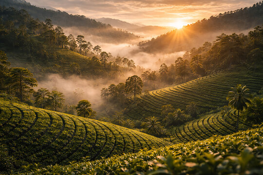 Golden Sunrise Over Lush Tea Fields in Sri Lanka Central Highlands