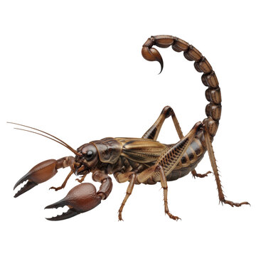 a lifelike monstrous cricket-scorpion hybrid specimen with a thick chitinous exoskeleton and menacing raised stinger against a seamless transparent background. concept of genetic engineering and