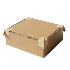A brown cardboard box with tape on the corners isolated on transparent background
