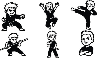Fototapeta premium Line art martial arts character set showing six dynamic boy karate poses with staff kicks punches crossed arms expression view