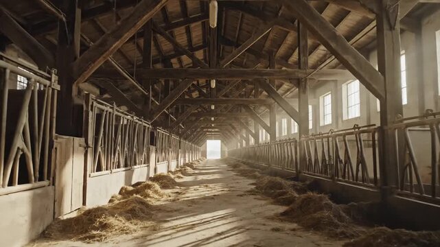 Empty Old Barn Interior with Hay and Sunlight Streaming Through Windows