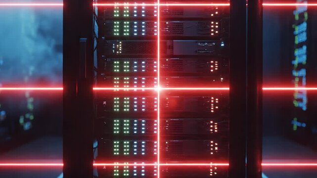 Rows of illuminated server racks intersected by bright red laser grid