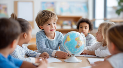 Fototapeta premium Children from different cultures learning basics together, global education concept, authentic classroom, with copy space