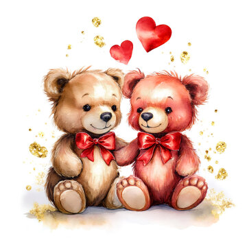 Two teddy bears in love with a bow and red hearts. Watercolor isolated on a white background with gold glitter. The bears are sitting and gazing lovingly at each other. Symbol of love, Valentine's Day
