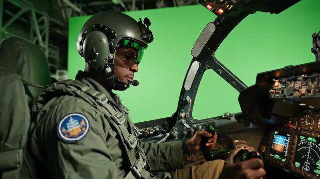 Pilot in flight simulator with green screen background, holding controls