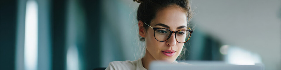 Focused young caucasian female working on laptop with glasses in office setting