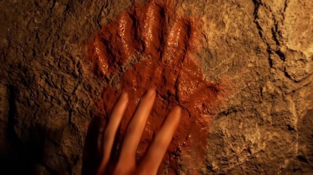 Mysterious hand pressing against ancient stone wall in warm torchlight