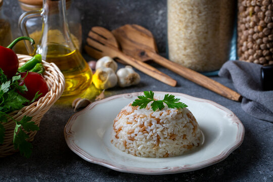 Traditional delicious Turkish food; Turkish style rice pilaf (Turkish name; Arpa sehriyeli pirinc pilavi)