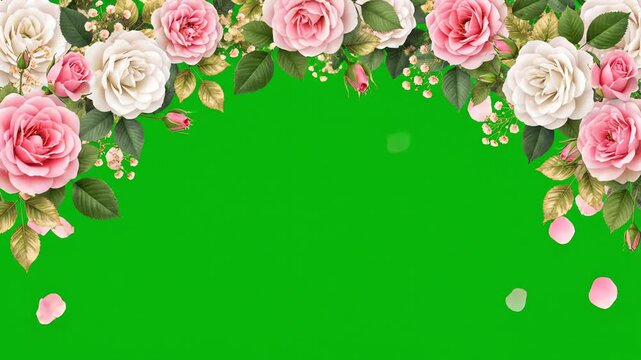 A floral border of pink and white roses on a green background. Perfect for invitations, greeting cards, and wedding decorations.
