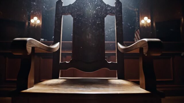 Empty ornate wooden chair in dark paneled courtroom. Spotlight illuminates vacant judge seat in dramatic sequence. Concept of authority absence and formal power.