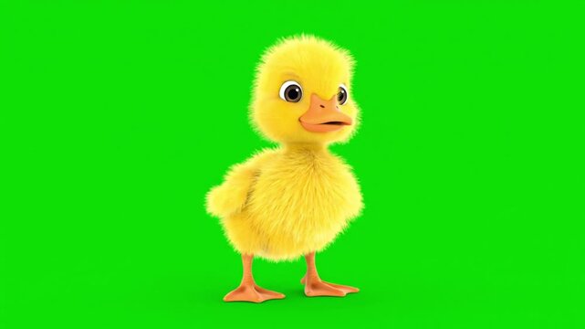 Adorable animated yellow duckling standing on a vibrant green screen for easy compositing