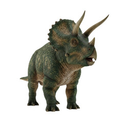 Fototapeta premium a majestic triceratops dinosaur with thick forest green hide and a massive bony frill, isolated on a seamless high-key white cyclorama, conveying museum exhibit concept