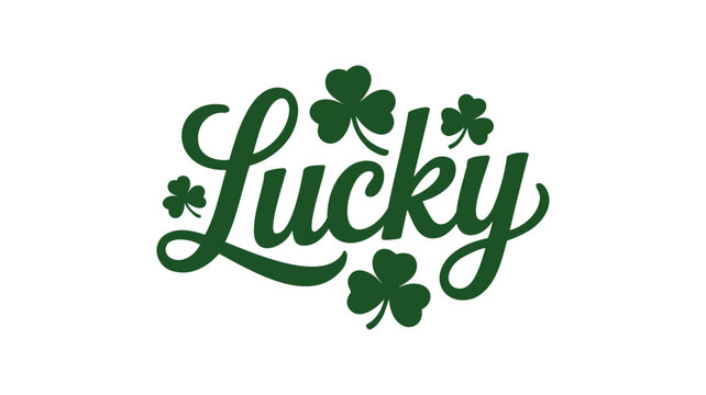 Green lucky text with shamrocks on white background