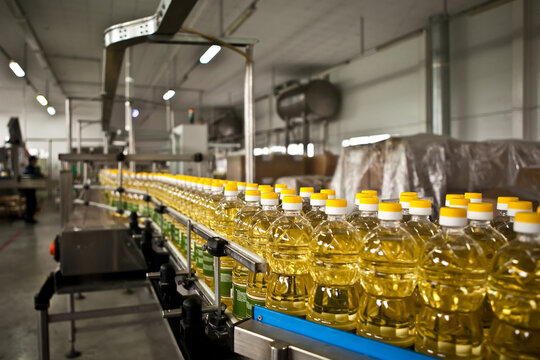Automated production line bottling golden sunflower oil in a modern food manufacturing plant