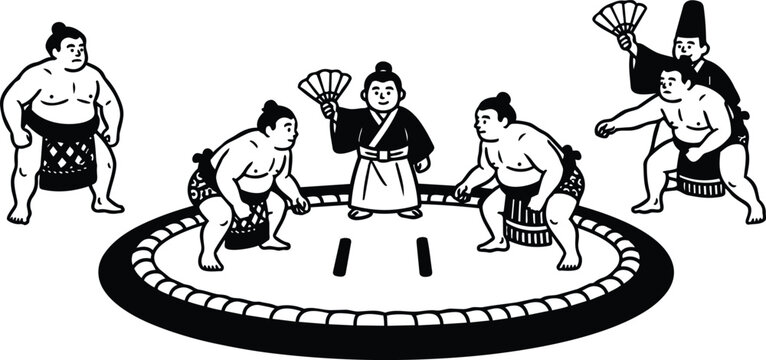 Line art low angle two sumo wrestlers crouching in dohyo facing each other with gyoji referee and judges traditional minimal