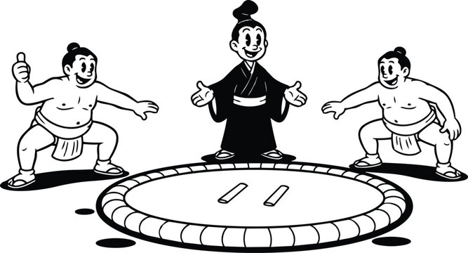 Retro cartoon vector three sumo wrestlers and referee around circular dohyo ring preparing to grapple in ink line art