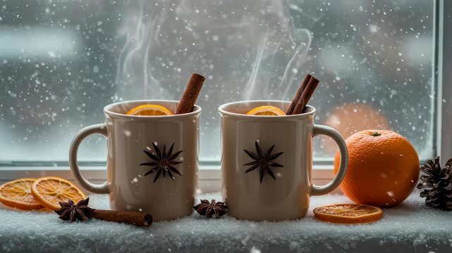 Steaming mugs of mulled wine with orange slices and cinnamon sticks on frosty windowsill. Cozy winter drink scene evoking holiday warmth and seasonal comfort.