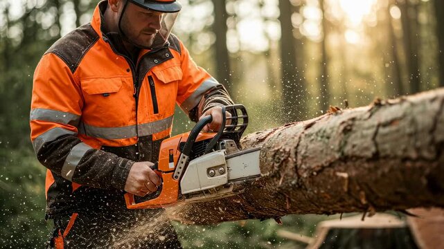 Man using chainsaw to fell tree in sunny forest. Lumberjack demonstrating timber cutting technique. Outdoor forestry work and wood harvesting process concept.