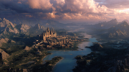Fototapeta premium Epic fantasy city and medieval castle built on mountain hills by the river, majestic kingdom landscape at sunset with dramatic clouds and mist, cinematic world building