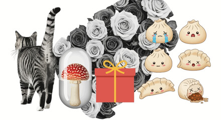 A black and white cat stands beside a bouquet of roses with a gift box and dumplings nearby in a whimsical illustration. © Steven