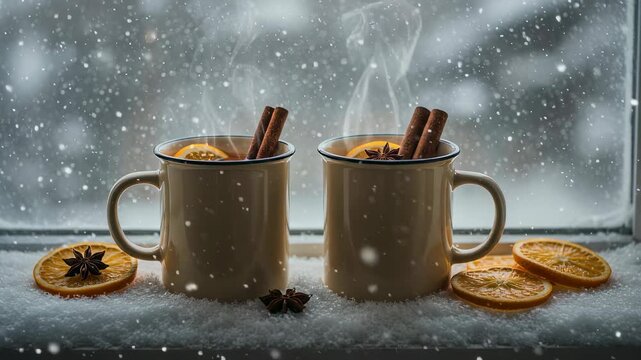 Steaming mugs of hot mulled wine on snowy windowsill. Cinnamon sticks and orange slices with star anise garnish. Cozy winter beverage concept evoking holiday warmth and comfort in frosty setting.