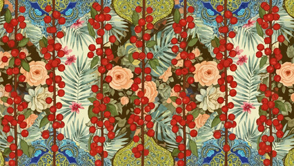 A vibrant floral pattern with flowers and leaves in a repeating design viewed from directly above