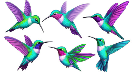 Obraz premium Multiple vibrant hummingbirds in mid-flight, showcasing their iridescent plumage and dynamic wing movements against a clean backdrop