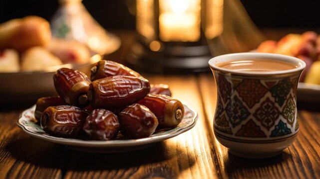 Traditional Middle Eastern setup with sweet dates and a cup of aromatic tea on a rustic wooden table with warm lighting.