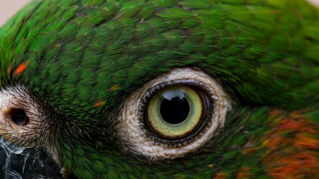Parrot eye transitioning from closed to fully open in close-up sequence. Bird blinking with detailed green feathers and orange accents revealing alert gaze for avian behavior study in wildlife