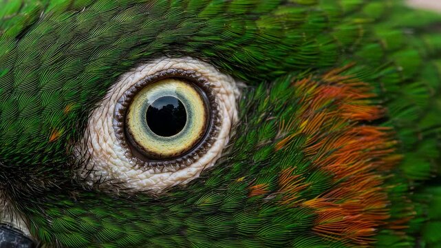 Close-up of green parrot eye in three sequential frames showing detailed feather texture and intense gaze. Avian bird macro view for wildlife observation and nature study concept.