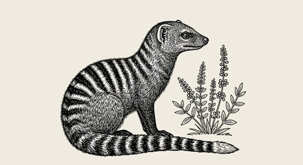 Detailed black and white illustration of a ring-tailed lemur sitting beside a plant with leaves and flowers viewed from the side © Steven