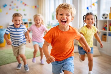 Happy children running and playing together in bright classroom