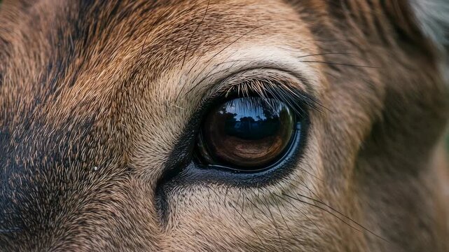 Deers eye close-up sequence from initial focused gaze to detailed iris reveal in three frames. Wildlife animal portrait showing watchful expression with brown fur and glossy reflection. Nature macro