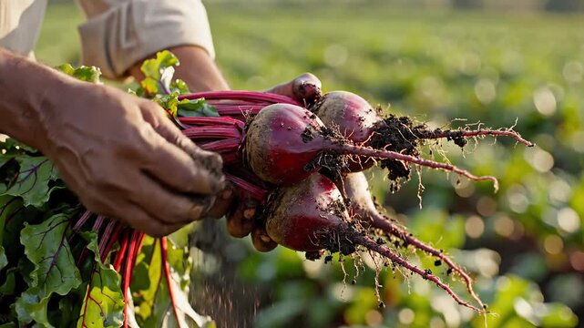 Farmer holding freshly harvested organic beetroots with green leaves and roots in a field