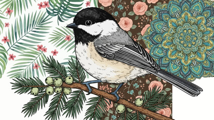 A black-capped chickadee perched on a branch surrounded by lush foliage and floral patterns viewed from the side © Steven